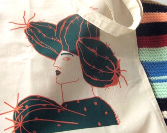 Tote bag, para mujer, con ilustración original de mujer cactus. Bolso para mujer con una planta cactus. Serigrafía, tote bag botánica.