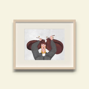 Printable 'The knitter woman', printable art for instant download with original illustration of a woman knitting her hair, horizontal format