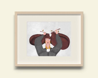 Printable 'The knitter woman', printable art for instant download with original illustration of a woman knitting her hair, horizontal format