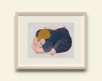 Printable 'Umarmung', druckbare Kunst zum sofortigen Download mit origineller Illustration einer Frau im Querformat, für Schlaf- oder Wohnzimmer