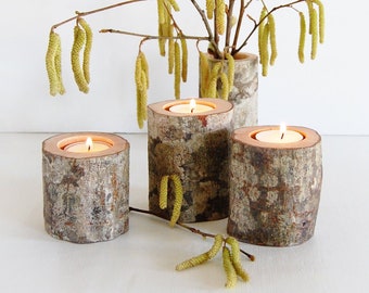 Rustic Wooden Candle Holders From Alder Tree Branches Set of Three, Rustic Home Decor