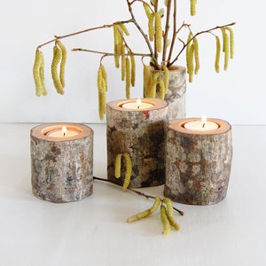 Portacandele rustici in legno di rami di ontano - Set da 3
