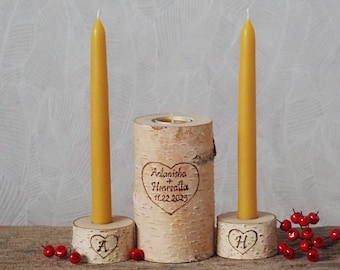 Birch Wood And Beeswax Unity Candles For Wedding, Personalized Rustic Wedding Ceremony Candle Holders With Names, Initials, Date and Hearts