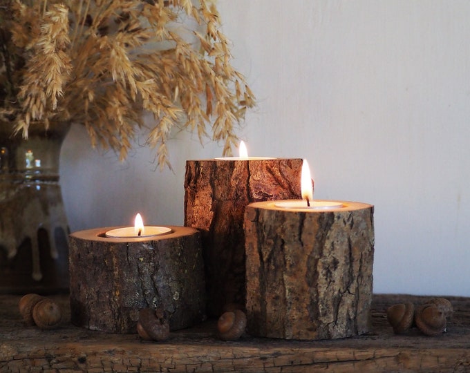 Rustic Tree Branch Candle Holders - Set of 3, Handcrafted Wooden Tealight Holders