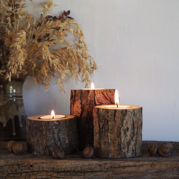 Bougeoirs rustiques en forme de branche d'arbre - Lot de 3, décoration d'intérieur confortable, style Hygge, cadeau de 5e anniversaire, photophores en bois fabriqués à la main