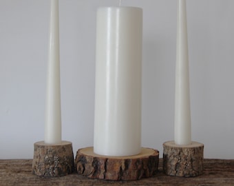 Unity Candle Holder Set With Plain White Candles, Rustic Country Wedding Decor
