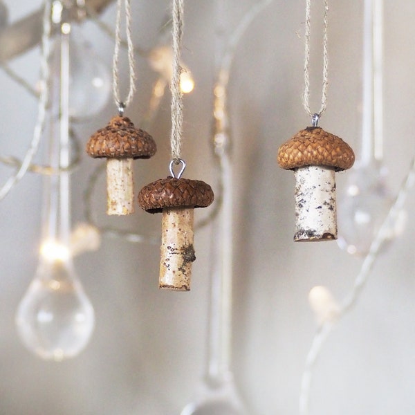 Mushroom Ornaments with Acorn Cap Tops, Christmas Tree Ornaments, Holiday Decor, Hygge Home Decor