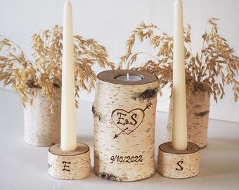 Personalized Unity Candle Set For Wedding, Birch Branch Wedding Ceremony Candle Holders With Pyrography Burned Initials Date and Heart