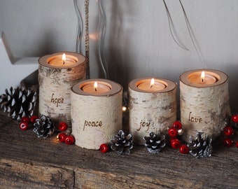 Advent Candles - Hope Peace Joy Love - Tree Branch Candleholders with Burned Words, Rustic Christmas Advent Wreath, Christmas Gift
