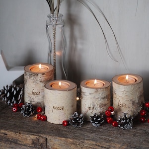 Advent Candles - Hope Peace Joy Love - Rustic Christmas Tree Branch Candleholders with Burned Words