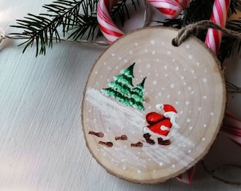 Wooden Christmas Ornament, Hand Painted Santa Clous Coming To Town, Natural Wood Slice Christmas Tree Decoration, Christmas Gift