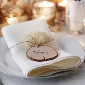 Fette di legno semplici con spago di iuta, segnaposto fai da te, etichette con nome fai da te, decorazioni fai da te in legno per l&#39;albero di Natale, etichette per bomboniere