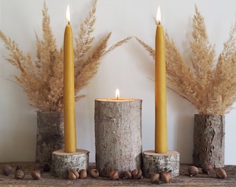 Rustic Wedding Ceremony Unity Candle Set, Natural Beeswax Candles with Alder Tree Branch Holders and Vases,  Eco Friendly Wedding Decor