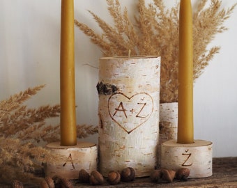 Set di candele Unity per matrimonio, portacandele personalizzati per cerimonia nuziale con ramo di betulla rustico con iniziali bruciate con pirografia