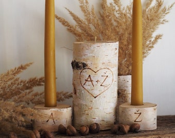 Unity Candle Set For Wedding, Personalized Rustic Birch Branch Wedding Ceremony Candle Holders With Pyrography Burned Initials