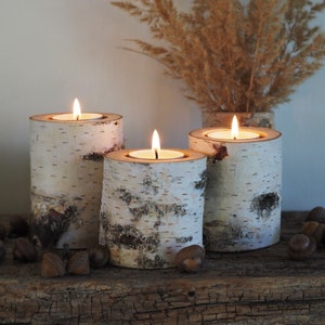 Rustic Birch Branch Candleholders Set Of 3, Wooden Tealight Holders, Rustic Christmas Table Decor