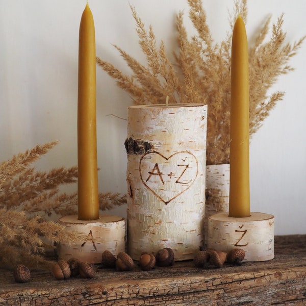 Unity Candle Set For Wedding, Personalized Rustic Birch Branch Wedding Ceremony Candle Holders With Pyrography Burned Initials