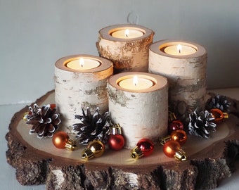 Advent Candles, Tree Branch Candleholders Set Of 4, Wooden Tealight Holders, Christmas Gift, Rustic Table Decor, Hygge Home Decor