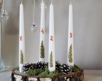 Advent wreath candles, Christmas table decoration, Advent candles with handwritten numbers