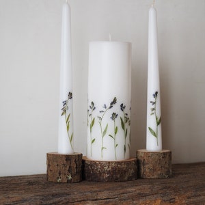 Unity Candle Set with Real Blue Flowers and Wooden Holders, Rustic Woodland Country Wedding Ceremony Decor, Blue Wedding Decor image 1