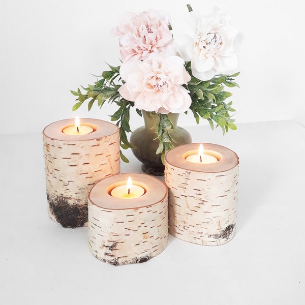 Birch Branch Candleholders Set Of 3, Rustic Table Decor, Country Wedding Centerpiece, Hygge Home Decor, 5th Anniversary gift