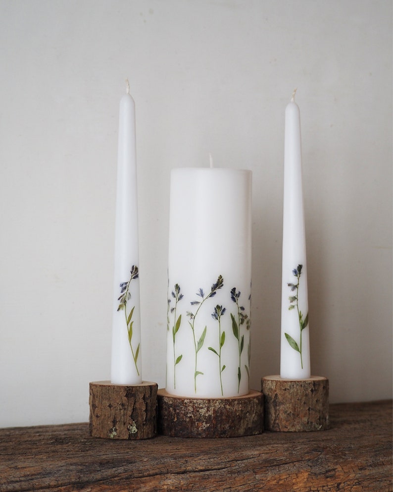 Unity Candle Set with Real Blue Flowers and Wooden Holders, Rustic Woodland Country Wedding Ceremony Decor, Blue Wedding Decor image 1