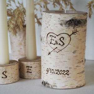 Personalized Unity Candle Set For Wedding, Birch Branch Wedding Ceremony Candle Holders With Pyrography Burned Initials Date and Heart image 4