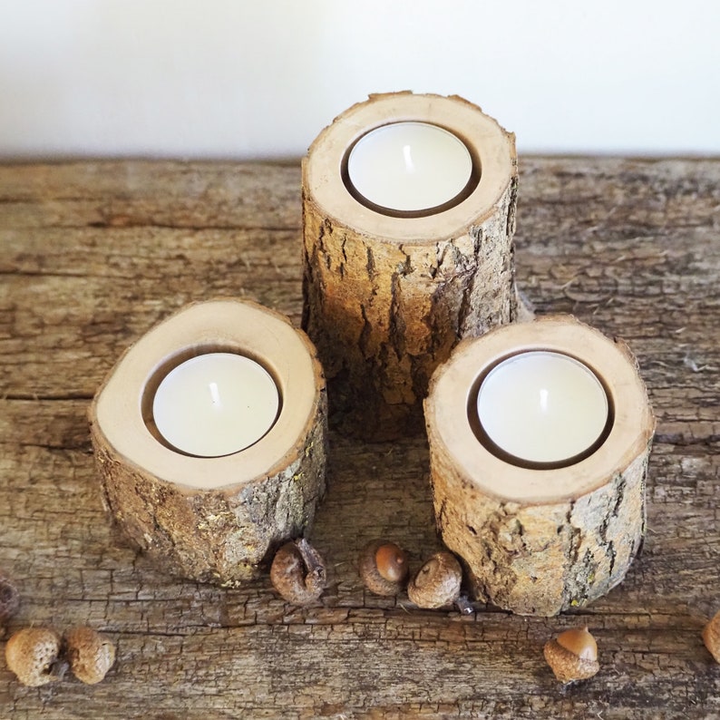 Rustic Tree Branch Candle Holders Set of 3, Cozy Home Decor, Hygge Style, 5th Anniversary Gift, Handcrafted Wooden Tealight Holders image 8