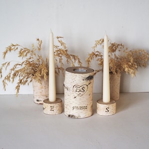 Personalized Unity Candle Set For Wedding, Birch Branch Wedding Ceremony Candle Holders With Pyrography Burned Initials Date and Heart image 2