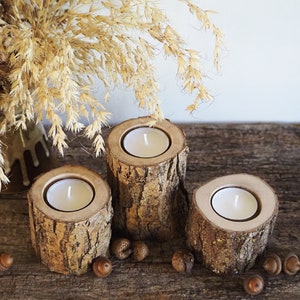 Rustic Tree Branch Candle Holders Set of 3, Cozy Home Decor, Hygge Style, 5th Anniversary Gift, Handcrafted Wooden Tealight Holders image 4