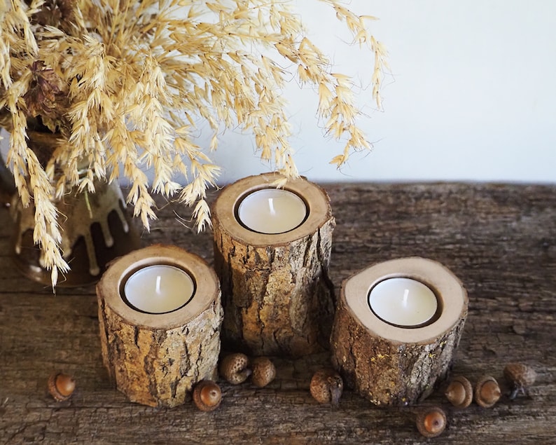 Rustic Tree Branch Candle Holders Set of 3, Cozy Home Decor, Hygge Style, 5th Anniversary Gift, Handcrafted Wooden Tealight Holders image 4