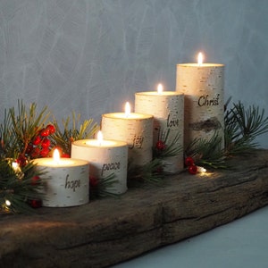 Birch Branch Advent Candle Holders with Words - Hope Peace Joy Love Christ