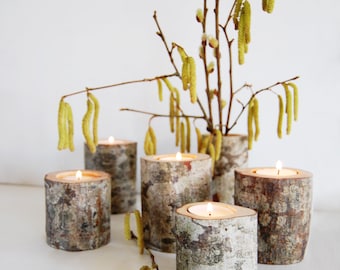 Hygge candle holders, set of 5. Rustic wooden tealight holders, made from alder tree branches. Rustic Easter table decor.