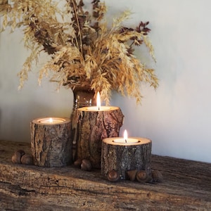 Rustic Tree Branch Candle Holders Set of 3, Cozy Home Decor, Hygge Style, 5th Anniversary Gift, Handcrafted Wooden Tealight Holders image 5