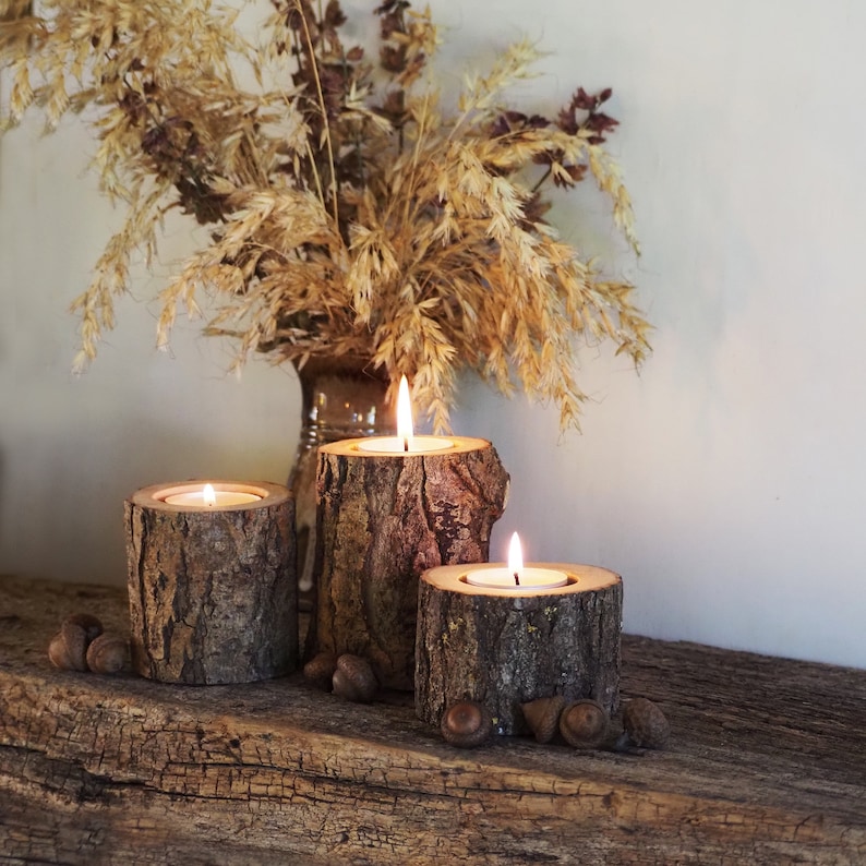 Rustic Tree Branch Candle Holders Set of 3, Cozy Home Decor, Hygge Style, 5th Anniversary Gift, Handcrafted Wooden Tealight Holders image 5