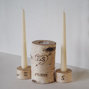 Personalized Unity Candle Set For Wedding, Birch Branch Wedding Ceremony Candle Holders With Pyrography Burned Initials Date and Heart image 3