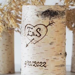 Personalized Unity Candle Set For Wedding, Birch Branch Wedding Ceremony Candle Holders With Pyrography Burned Initials Date and Heart image 7