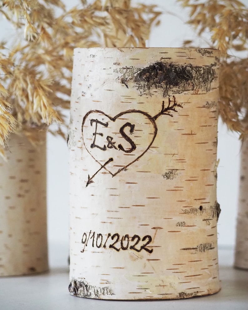 Personalized Unity Candle Set For Wedding, Birch Branch Wedding Ceremony Candle Holders With Pyrography Burned Initials Date and Heart image 7
