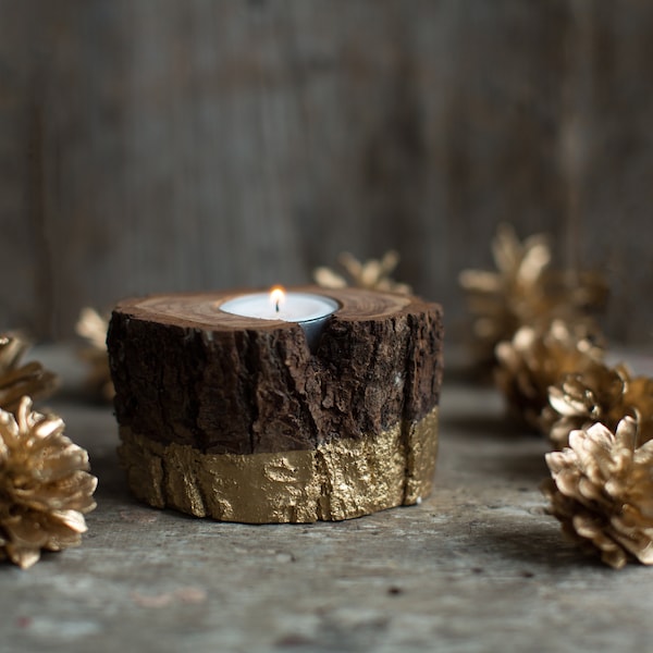 Bougeoir de Noël, bougeoir en bois véritable peint avec de l’or, décor Cottagecore, cadeau de Noël