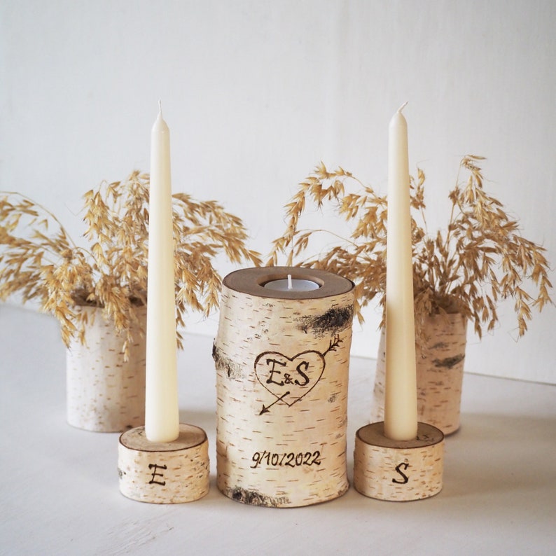 Personalized Unity Candle Set For Wedding, Birch Branch Wedding Ceremony Candle Holders With Pyrography Burned Initials Date and Heart image 1