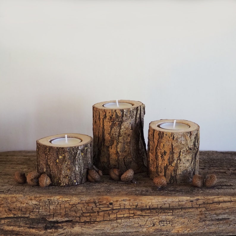 Rustic Tree Branch Candle Holders Set of 3, Cozy Home Decor, Hygge Style, 5th Anniversary Gift, Handcrafted Wooden Tealight Holders image 7