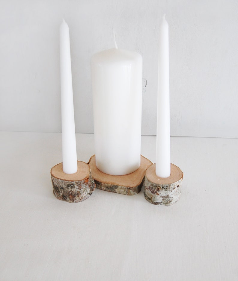 Unity Candle Holder Set For Two Tapers and Cylinder Candle, Wedding Ceremony Set, Rustic Woodland Country Wedding Decor image 7