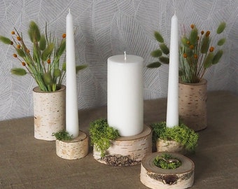 Rustic Wedding Ceremony Set, Birch Branch Candle Holders with Handmade Candles and Ring Box, Decorated with Green Moss