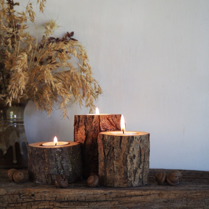 Rustic Tree Branch Candle Holders Set of 3, Cozy Home Decor, Hygge Style, 5th Anniversary Gift, Handcrafted Wooden Tealight Holders image 1