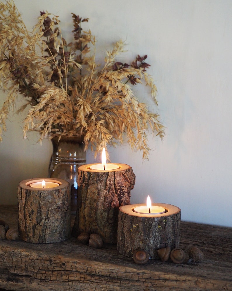 Rustic Tree Branch Candle Holders Set of 3, Cozy Home Decor, Hygge Style, 5th Anniversary Gift, Handcrafted Wooden Tealight Holders image 6