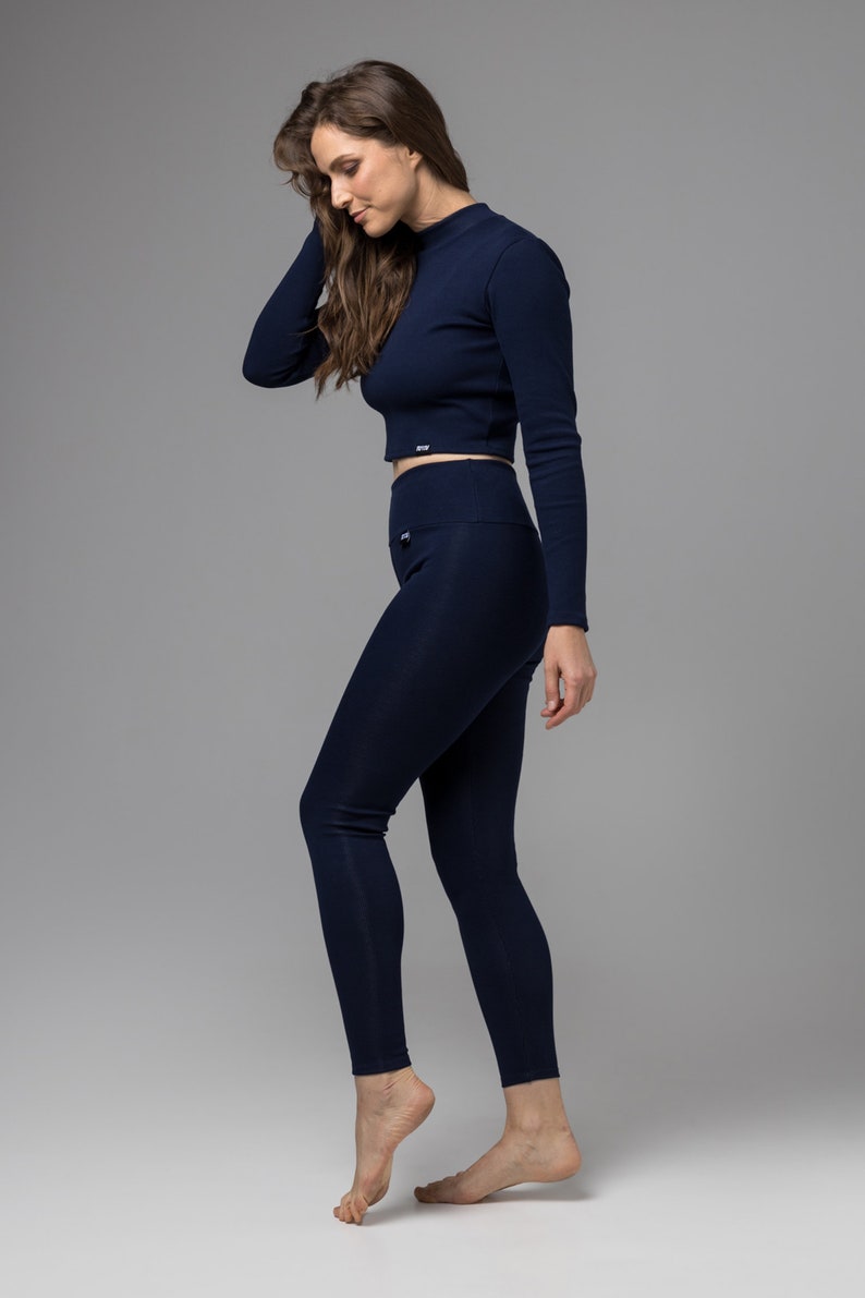 NAVY BLUE / RIB organic cotton high waisted leggings / Loungewear image 3