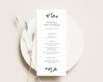 EUCALYPTUS | Printed Wedding Menu, Print and Ship Menu, Rustic Greenery 4 x 9 Menum, Reception Menu, Printed Wedding Stationery,SN014F