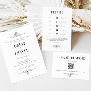GATSBY / Suite de invitación de boda Art Déco impresa, conjunto de invitación de boda de los años 20, código Qr RSVP y detalles con iconos, SN200