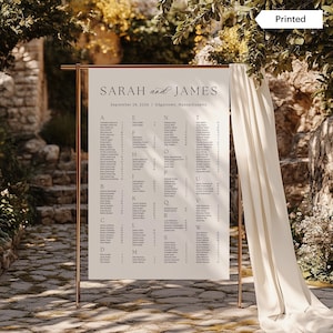 May include: A wedding seating chart with the names of guests, displayed on a cream-colored banner. The banner is held by a copper-colored metal frame. The text "SARAH and JAMES" is at the top, with the date and location below.