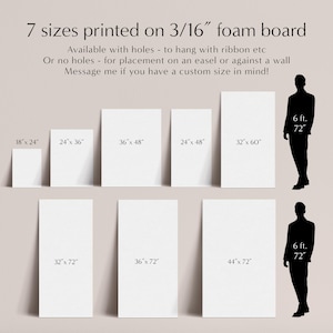 May include: Image showing seven sizes of foam boards, ranging from 18" x 24" to 44" x 72". Text indicates the boards are available with or without holes. A silhouette of a 6 ft, 72" tall person is included for size comparison.